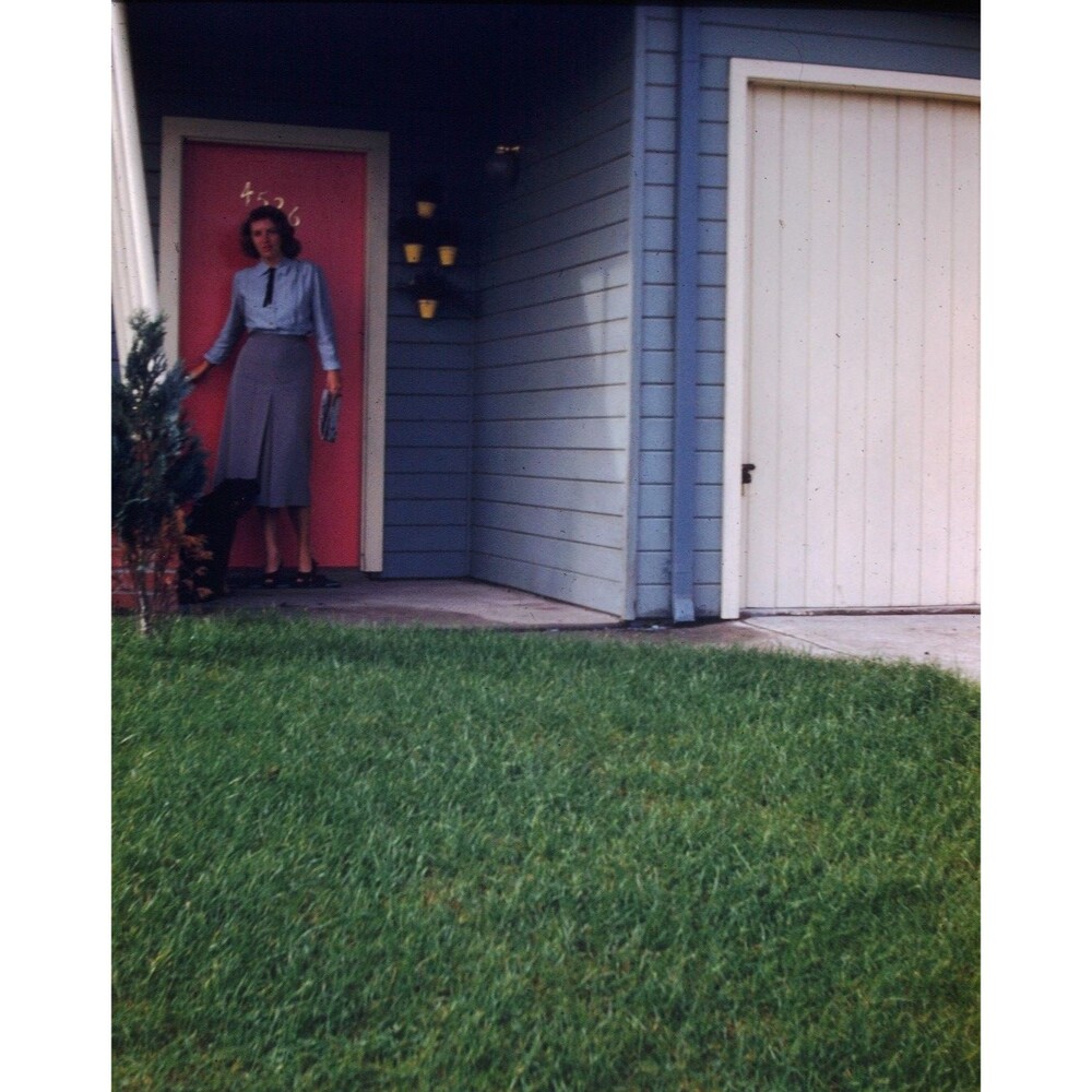 Kodak Slide 1950s Red Border Kodachrome Woman Standing Outside Her Home